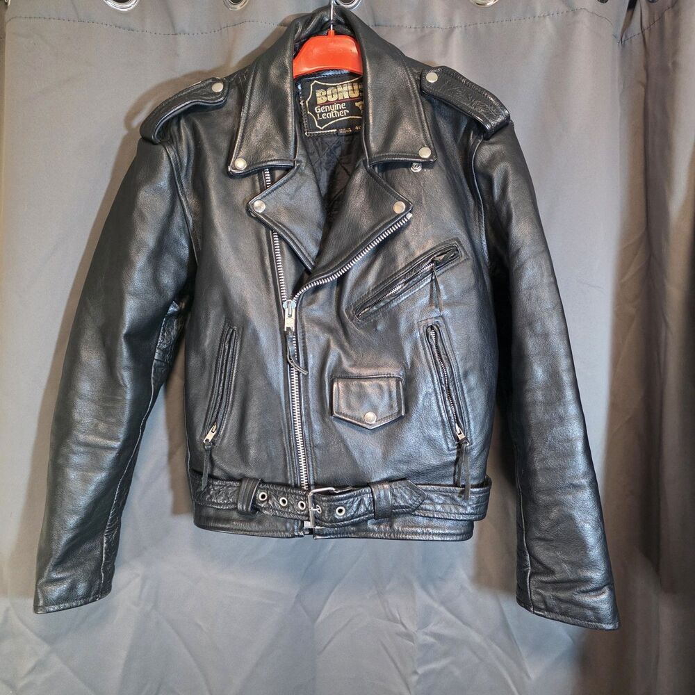 Bonus Genuine Leather Mens Biker Jacket Size 40 Motorcycle Y2K Punk Rock